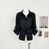 PRRP 100% Lino Moda para Viajar Manga Media Cintura Estrecha Tiro Bajo Shorts con Borde Enrollado Camisa Holgada Adelgazante 9153