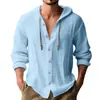 Camisa casual deportiva de manga larga con capucha para hombre, color liso, transpirable, abotonada, corte holgado, importación europea y americana, mezcla de algodón y lino