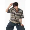 Camiseta de Manga Tres Cuartos, Diseño Rayado de Moda para Hombre, Estilo Americano Tie-Dye Retro Diseño Resistente, Cuello en V Holgado con Mangas Cortas Desgastadas