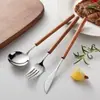 Juego de Cubiertos de Acero Inoxidable 304 con Mango de Palosanto Estilo Japonés para Uso en Hotel y Hogar, Juego Sólido de Cuchillo para Bistec, Tenedor y Cuchara Estilo Occidental de Madera