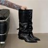 Botas Femininas de Salto Grosso 2025 Nova Primavera e Outono Bico Fino Arredondadas Longas Botas até o Joelho Botas de Equitação