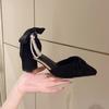 Sandalias Baotou para Mujer Tacón Medio Venta al por Mayor Verano Nuevo Estilo Lazo de Perlas Francesas Tacón Grueso Punta Puntiaguda Zapatos de Noche de Tacón Alto