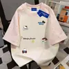 Algodão 100% Puro Estilo Bf Desenho Japonês Verão Estrela Solta Manga Curta Camiseta Unissex Tendência Casal Patchwork Top
