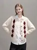 Suéter de tricô com lapela e padrão argyle estilo college feminino novo estilo 2026