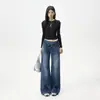 Cross2026 Estilo Outono/Inverno Retrô Americano Calça Jeans de Cintura Baixa Solta de Pernas Largas Caimento Versátil Design de Cintura Irregular Jeans