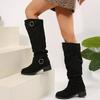 Transfronterizo Nuevo talla grande Otoño e Invierno Plisado Fondo plano Botas vaqueras occidentales Botas con hebilla de cinturón para mujer Tacón grueso Caña larga delgada