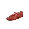 Sandalias de Malla con Pedrería para Mujer Zapatos Mary Jane Primavera Nueva Piel Genuina Malla Punta Redonda Tacones Planos Sandalias de Malla para Mujer Mujer