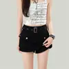 Falda-pantalón de mezclilla negra estilo americano con bolsillos grandes para mujer, diseño nuevo versátil de moda para el verano con cinturón, shorts elegantes