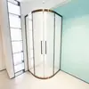 Puerta corredera doble dorada cepillada en forma de abanico para baño de hotel con ruedas deslizantes silenciosas, cabina de ducha de baño integrada