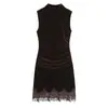 2026 Novo Vestido Mini Feminino Moda Europeia e Americana Sexy Renda Patchwork Veludo Sem Mangas