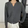 Cárdigan de punto estilo coreano con cuello de tijera para mujer, otoño, manga larga, versátil, ajuste ceñido, suéter abrigo casual delgado, top holgado