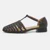 Color sólido, pedido mínimo de 60 pares, Sandalias Romanas Francesas Retro Europeas y Americanas para Mujer, Tacón Grueso, Punta Cerrada, Zapatos de Jaula de Cerdo Tejidos Huecos para Mujer