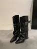 Piel auténtica~botas largas de punta para mujer 2026 nuevas versátiles negro hebilla de cinturón de cuero plisado botas de pierna ancha