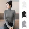 Top negro acanalado de alta gama ajustado con cuello medio alto, corte slim, para primavera y otoño, estilo Wubi cangrejo, adelgazante y elegante