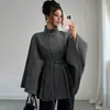 Moda Feminina Transfronteiriça Europeia e Americana 2026 Elegante Gola Alta Amarração na Cintura Design Estilo Capa Casaco de Lã Estiloso