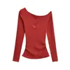 Top de manga larga moderno, asimétrico, sin espalda, con botones y pliegues, para Otoño Invierno, nuevo, versátil, adelgazante, camiseta de cachemira, ropa interior