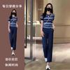 Verano 2025 Nuevo Traje de Dos Piezas para Mujer Talla Grande Camiseta de Manga Corta a Rayas Azules Delgada Pantalón Nueve Longitudes Combinación con Todo