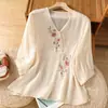 Nova camisa de algodão e linho estilo chinês ricamente bordada para mulheres, verão, traje tradicional chinês para chá, modificada com botões de pérola, gola diagonal, top de algodão e linho com decote V