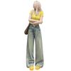 Pantalones Americanos Retro Holgados de Pierna Ancha Jeans Lavados de Color Claro Pantalones Largos hasta el Piso Pantalones Rectos Slim de Verano para Mujer