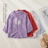 Camisa Feminina Bordada Verão Novidades Roupas de Verão Jacquard Algodão Linho Estilo Chinês Retro Botões de Sapo Gola Alta Manga Três Quartos Top
