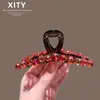 Novo Prendedor de Cabelo Vermelho de Cristal Resistente Estilo Coreano para Mulheres, Exquisiteiro Grampo Tubarão para Penteado Completo
