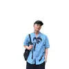 Camisa Azul de Manga Corta para Hombre, Estilo Coreano de Verano 2026, Fresca y Elegante, Cuello Cubano, Estampado Original, Estilo Vacacional, Moda