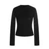 Camiseta Básica de Manga Larga de Color Sólido con Cuello Redondo Estilo Americano 11Kn para Mujer, Top Versátil de Corte Ajustado que Ceñe la Cintura