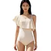 Nuevo traje de baño de una pieza para mujer que cubre el abdomen adelgazante color liso Simple Sexy conservador push up para pecho pequeño traje de baño para aguas termales