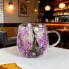 Copo de vidro de camada dupla com flores secas embutidas, copo de barriga grande com alça, copo criativo ins para café e leite com flor eterna para casa