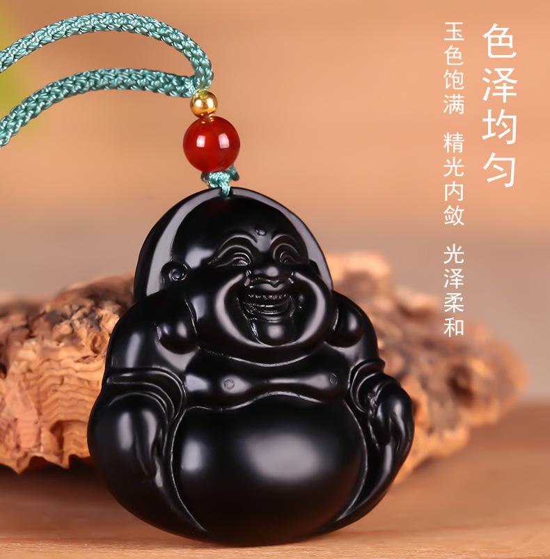 智贝详情图_7鑫万宝天然和田墨玉弥勒佛牌和田玉大肚笑佛吊坠佛
