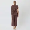 Amazon Transfronterizo Nuevo Vestido de Color Sólido con Cuello Redondo y Hombro Cubierto Sexy Temperamento de Chica Caliente Ajustado Costura Cinta Falda Larga