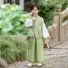 Hanfu Verde Estiloso Infantil para Primavera e Outono, Traje Tang Estilo Antigo Chinês para Meninos e Meninas, Fantasia de Performance para Festival do Meio Outono e Dia Nacional da Escola Primária