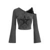 Estación Europea Transfronteriza Retro Estampado Estrella de Cinco Puntas Cuello Inclinado Ajustado Base Manga Larga Deseo Puro Sexy Top Ajustado