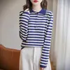 Suéter de tricô com gola polo de algodão listrado de manga comprida para mulheres, novo estilo de outono, caimento solto, emagrecedor, top com blocos de cor