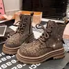 Botas Martin para mujer con pedrería, estampado de leopardo, con cordones, estilo workwear, botas de motociclista, botines, zapatos planos, botas de caballero versátiles estilo callejero