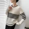 2025 Novo Outono e Inverno Lã Pura Sete Agulhas Engrossado Gola Redonda Tricô Manga Longa Listras Coloridas Pulôver Camiseta Básica