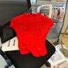 Camiseta de manga corta de verano 2024, cuello alto, lazo dulce, punto para mujer, novedad, tops casuales y versátiles de moda para mujer.