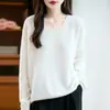 Suéter pullover sin costuras de cuello en V con rayas horizontales integradas, estilo casual, jacquard, lana pura, tejido para mujer 10