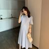 Vestido de verão para mulheres grávidas Cor sólida Lapela Manga curta Solto plus size Camisa feminina grávida de comprimento médio Elegante T-shirt Saia