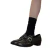 Versión de Piel de Oveja de Mocasines para Mujer Modelo Nuevo 2026 para el Viaje Diario, Zapatos de Piel Marrones de Punta Redonda con Hebilla Metálica y Tacones Gruesos