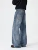 Pantalones Vaqueros Texturizados Florales Estilo High Street Americano Muxi Clothing para Hombre, Pantalones Rectos Acampanados Retro de Otoño, Estilo Baggy