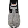 Jeans casual de perna larga com bolsos frontais estampados de leopardo, estilo retrô americano, para primavera e verão, unissex, estilo de rua solto, perna curva