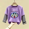 Camiseta de Algodão Puro Manga Longa Infantil Média/Grande Primavera e Outono Nova Blusa Solta para Meninas Estampada Desenho Animado de Menina Camada de Base Tendência