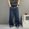 Calça Vibe Masculina Azul Escuro Estilo Americano Outono de Botão Cintura Média Corte Limpo Perna Reta Solta Comprimento no Chão Estilo Moderno