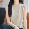 Nova camisola de linho Tencel de verão para mulheres, gola redonda, fina, bainha enrolada, solta, versátil, top de malha sem mangas