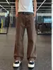Pantalones de trabajo estilo retro americano color café lavado para hombre, jeans de verano resistentes deconstruidos, pantalones de pierna recta holgados de algodón puro