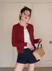 Cárdigan de punto ligero de manga larga para mujeres petite, suéter corto rojo chic para principios de otoño para mujeres 6654