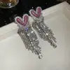 Pendientes de Borla con Corazón de Diamante Incrustado de Aguja Plateada Lujo Accesible Gama Alta Nicho Dulces Elegantes Versátiles Pendientes Elegantes para Mujer