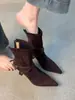 Botines elegantes de tacón alto con cremallera trasera para mujer, gamuza con hebilla, punta fina, botines cortos elegantes, estilo vintage con tacón delgado