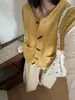Chaleco de Punto con Cuello Redondo y Botones de Cuerno con Borde Rizado para Mujer, Nuevo Otoño Holgado con Capas Chaleco de Punto Grueso